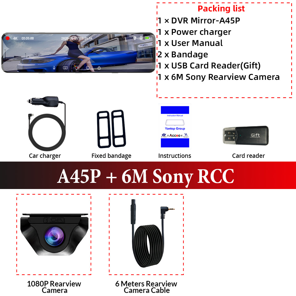 ACCEO 4K WIFI Dashcam 12Inch Car DVR RearView Mirror Recorder Dash Cam Support 1080P Sony Black Box Rear View Camera Acesssories. 