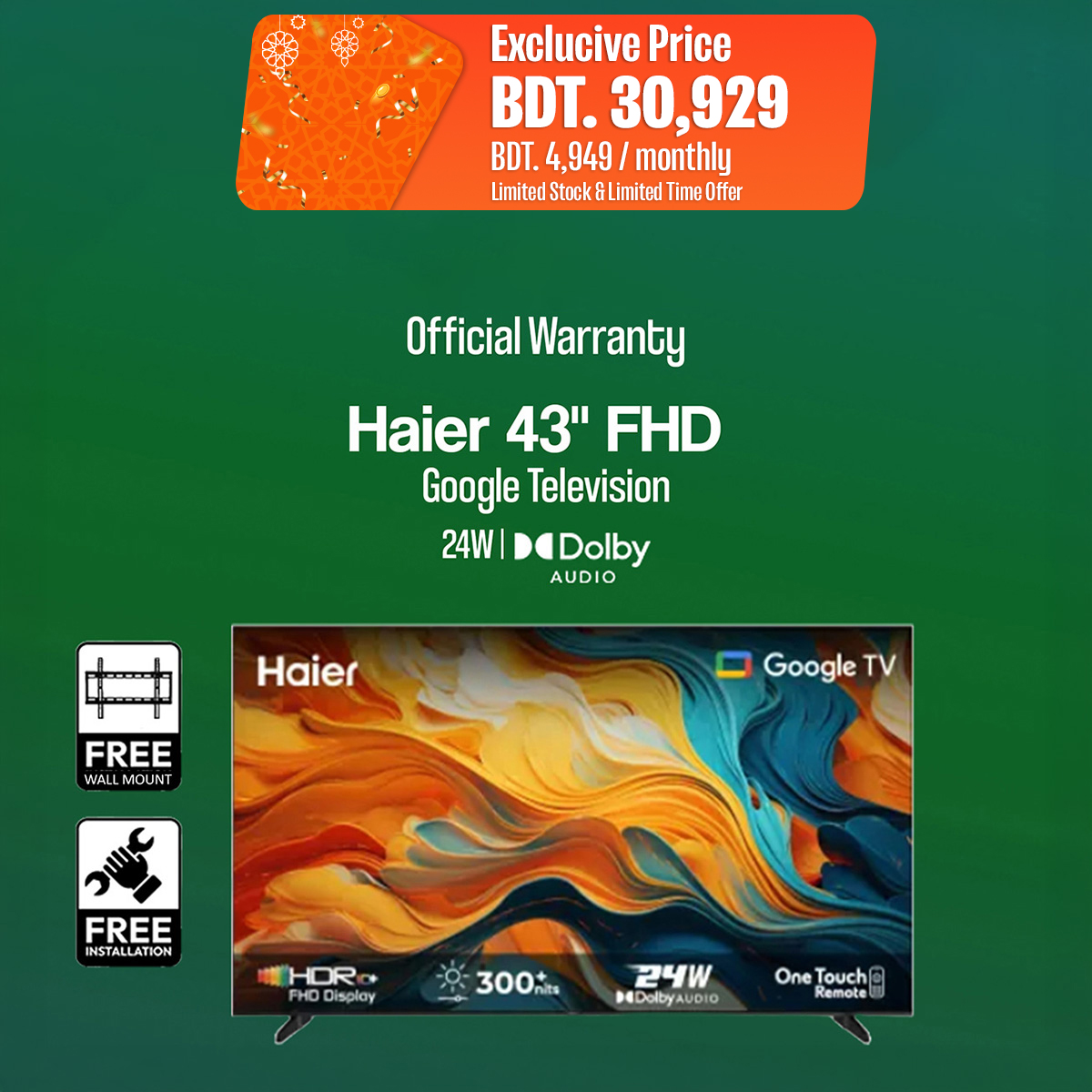 Haier 43" FHD Google TV (H43K85FFX) with Free Delivery