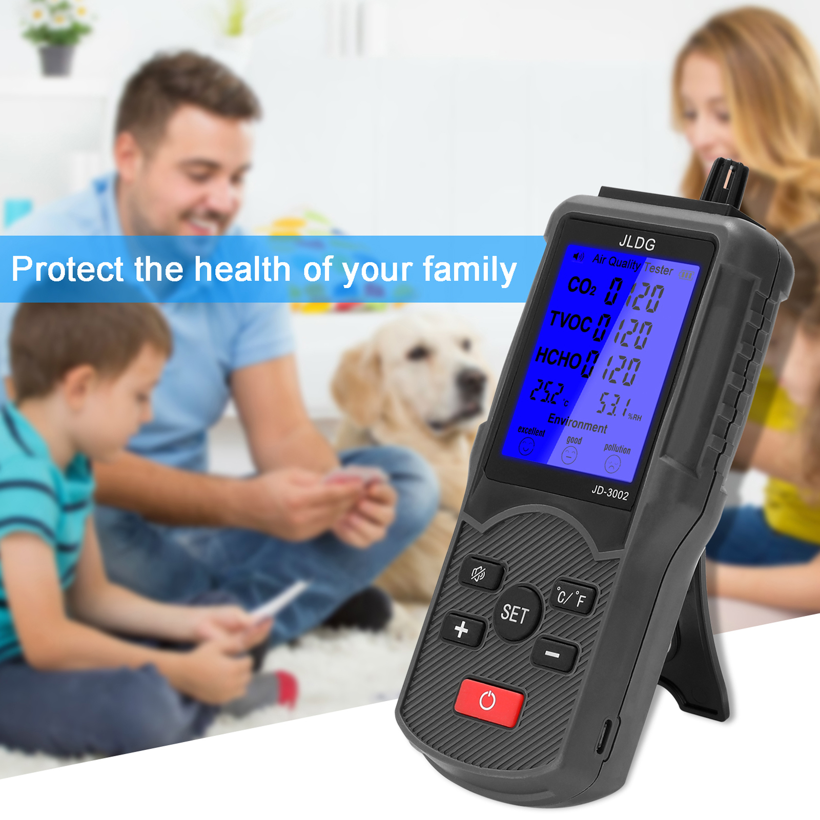JD-3002 Air Quality Detector CO2 HCHO TVOC Temperature Humidity Measuring Device CO2 Meter Multifunctional Air Quality Analyzer. 