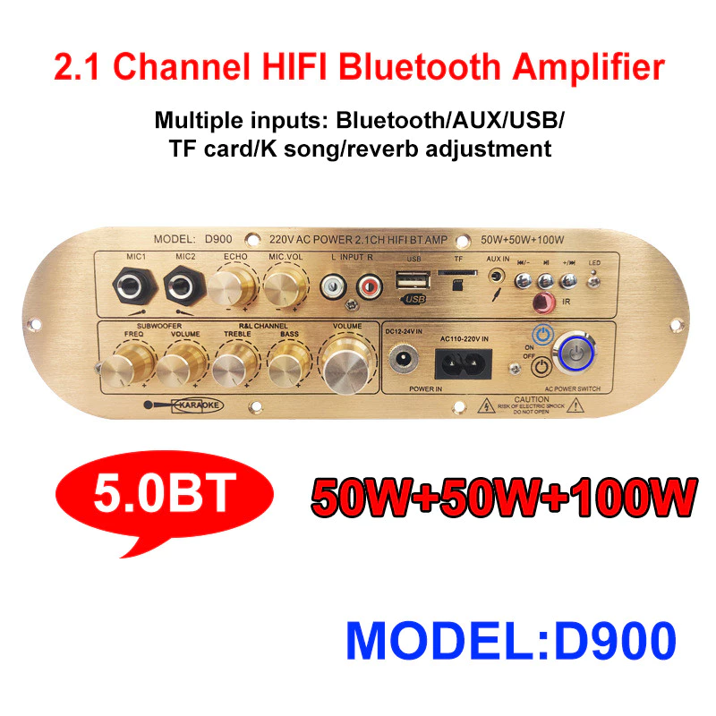 Golden Color D900 2.1 Channel 2X50W+100W Powerful Amplified board High/LowTone Power Amplifier Board Module For Active Speaker. 