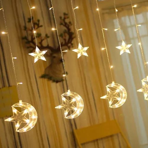 LED Star Curtain Lights ,6 moon-star & 6 single star Window Curtain String Light Moon Star String Light multi & golden color plug systems. 