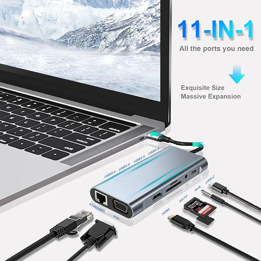 USB C HUB, USB C Adapter 11 in 1 Dongle with 4K HDMI, VGA, Type C PD, USB3.0, RJ45 Ethernet, SD/TF Card Reader, 3.5mm AUX, Docking Station Compatible. 