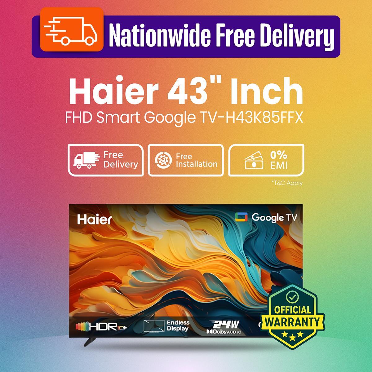 Haier Official 43" FHD Smart Google TV (H43K85FFX) 1.5G+8G, Dolby Audio đ Free Delivery đŗ 0% EMI Available, Official Warranty by Haier with Free Delivery