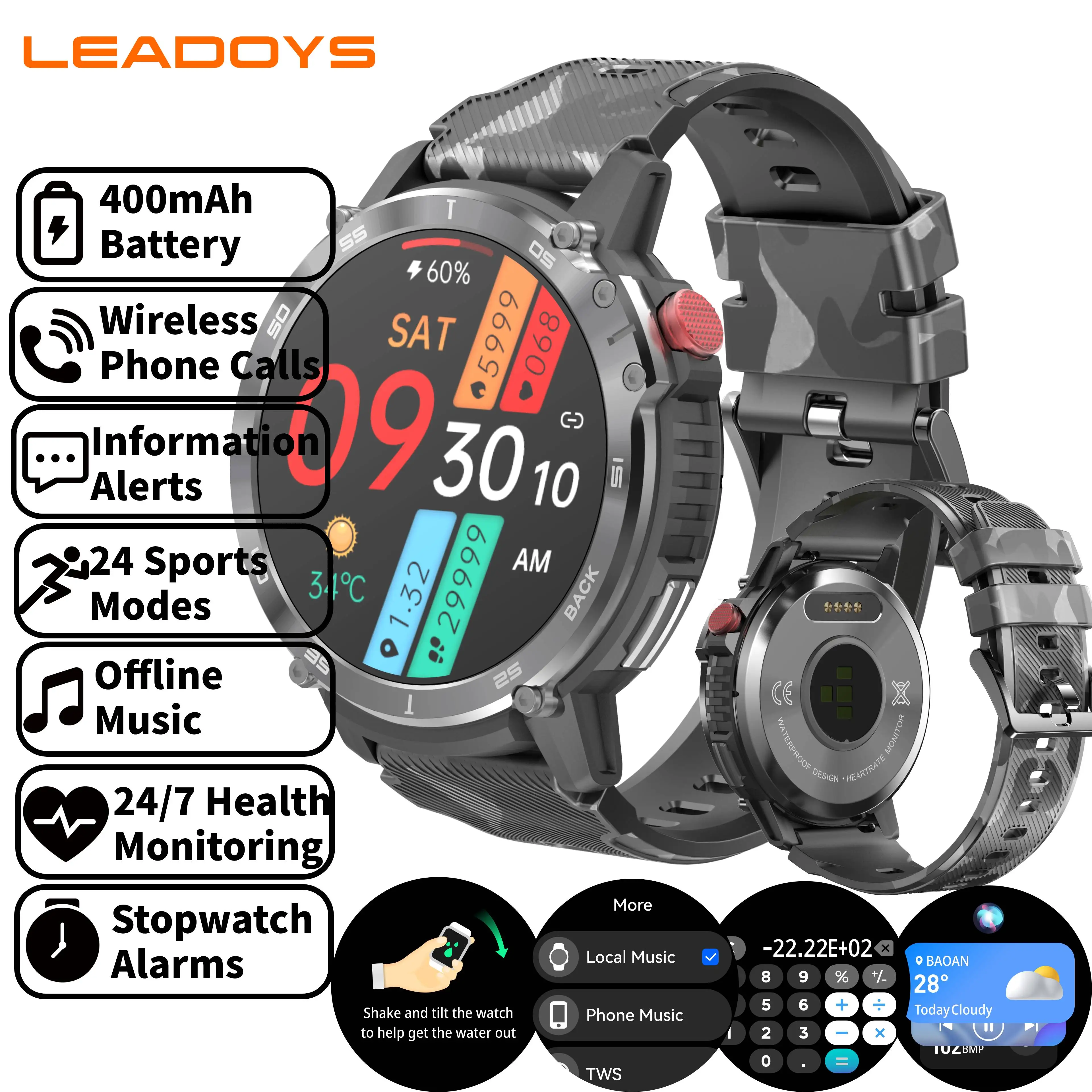 LEADOYS Smart Watch with Off-line Music Multi-Watch Faces Bluetooth Talk Message Alerts Smartwatch Reloj for Android and IOS