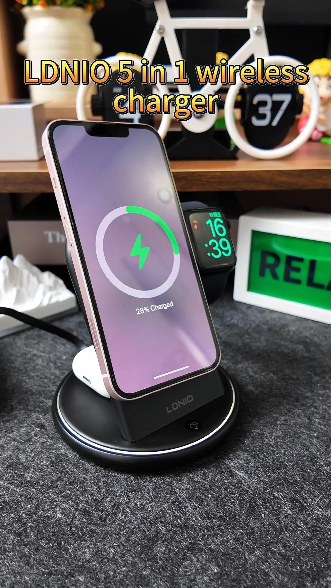 LDNIO Magnetic Wireless Charger Stand for iPhone/ iWatch/ AirPods Pro 2nd, Compatible with iPhone 12/13/14/15 Series, for iWatch S1/S2/S3/S4/S5/S6/S7/S8/S9/S10/Ultra/SE, for AirPods Pro 2nd/AirPods 3nd, Built-in Dimmable Night Light