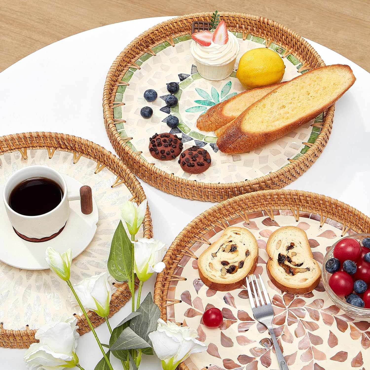 Round Rattan Tray with Mother of Pearl Inlay Rattan Serving Tray Wooden Base Storage and Display of Coffee Bread Food Fruit. 