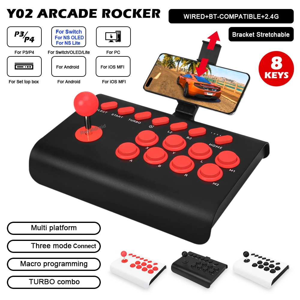 Y02 Arcade Joystick for PS4/PS3/Xbox One/Switch OLED/Android/iOS Wired Wireless Street Fighter Controller w Macro/Turbo Function. 