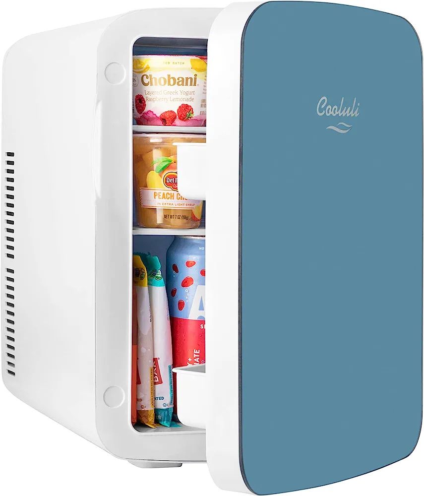 Cooluli 15L Mini Fridge for Bedroom - Car, Office Desk & College Dorm Room - 12v Portable Cooler & Warmer for Food, Drinks, Skincare, Beauty & Makeup - AC/DC Small Refrigerator with Glass Front, Blue