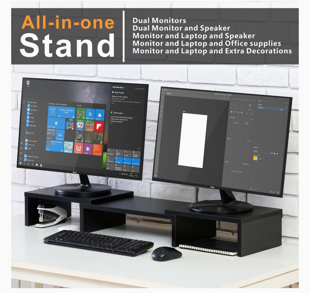 Dual Monitor Stand Riser with Adjustable Length Multi Media Speaker TV PC Laptop Computer Screen Desktop Storage 