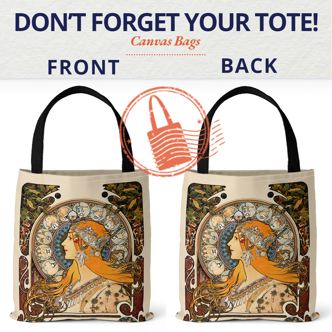 Mucha Series Digital Printed Canvas Bag Open Tote Bag Handbag Retro Canvas Shopping Bag. 