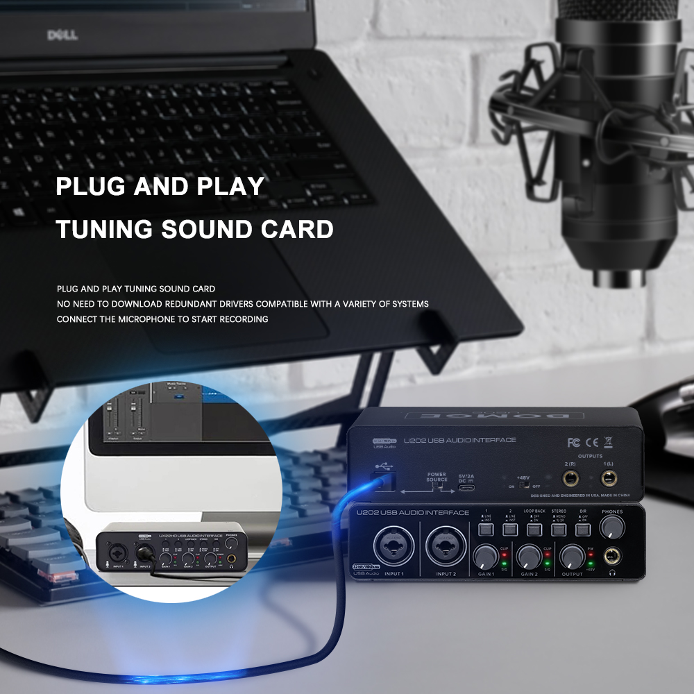BOMGE U202 USB Audio Interface with Mic Preamplifier XLR/TSR/TS Ports 48V 32-Bit/192kHz Resolution for computer recording Stream. 