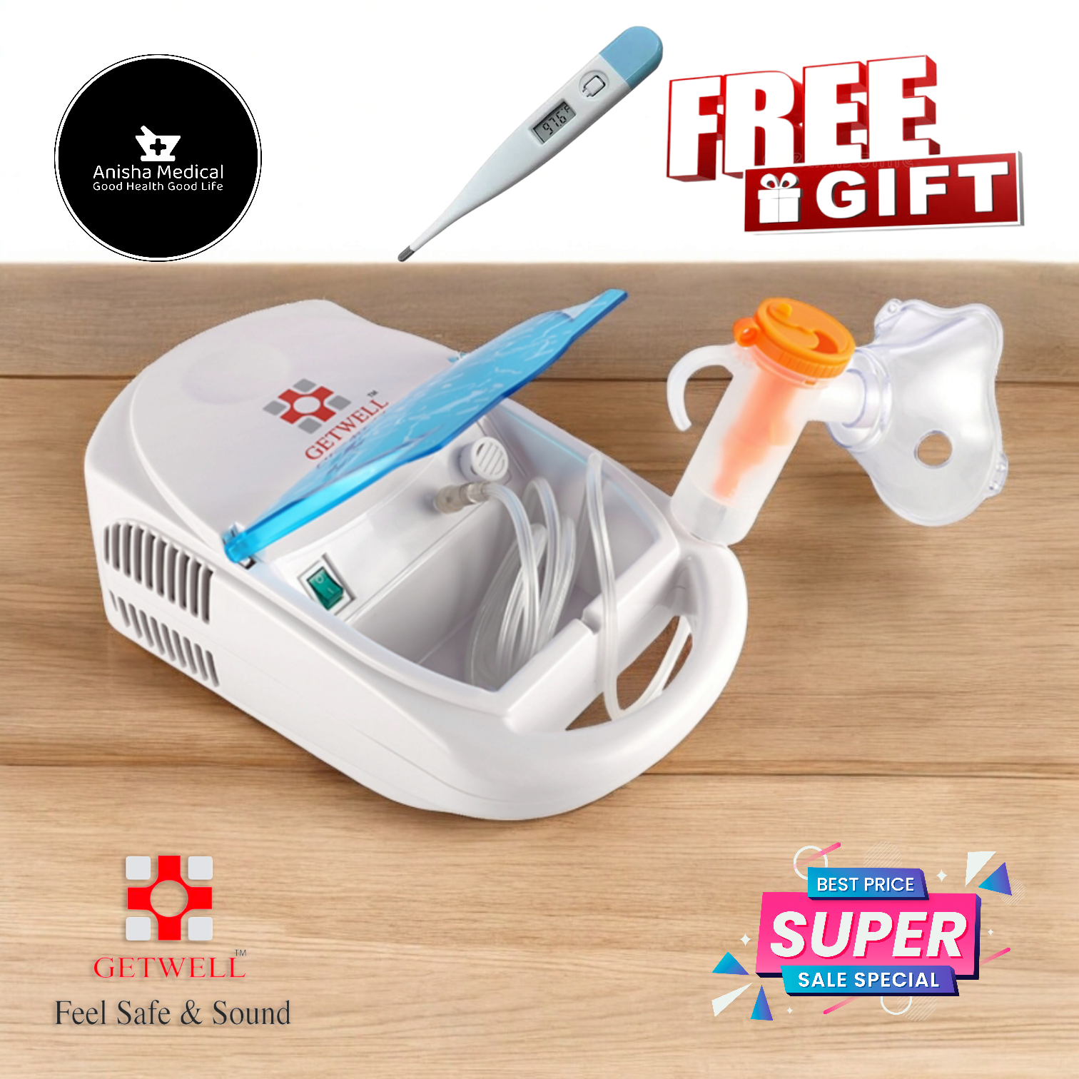 Getwell Nebulizer Machine With Child And Adult Musk Compressor Nebulizer Machine RFL free Thermometer. 