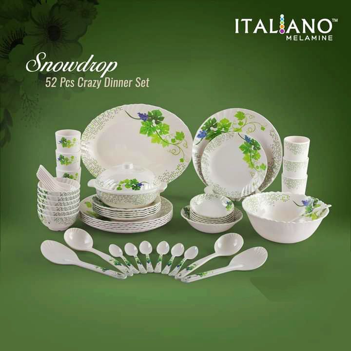 Italiano Melamine Snodrop 52 Piece Crazie Dinner Set - Different Colors - Elevate Your Dining Experience - Easy To Use and Clean. 