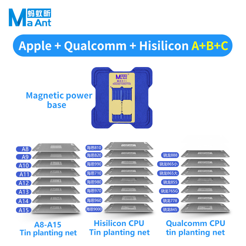 MaAnt C1 Magnetic CPU BGA Reballing Stencil Kit Platform For iPhone A8-A16 Hisilicon Qualcomm MTK EMMC Phone Steel Mesh Repair. 