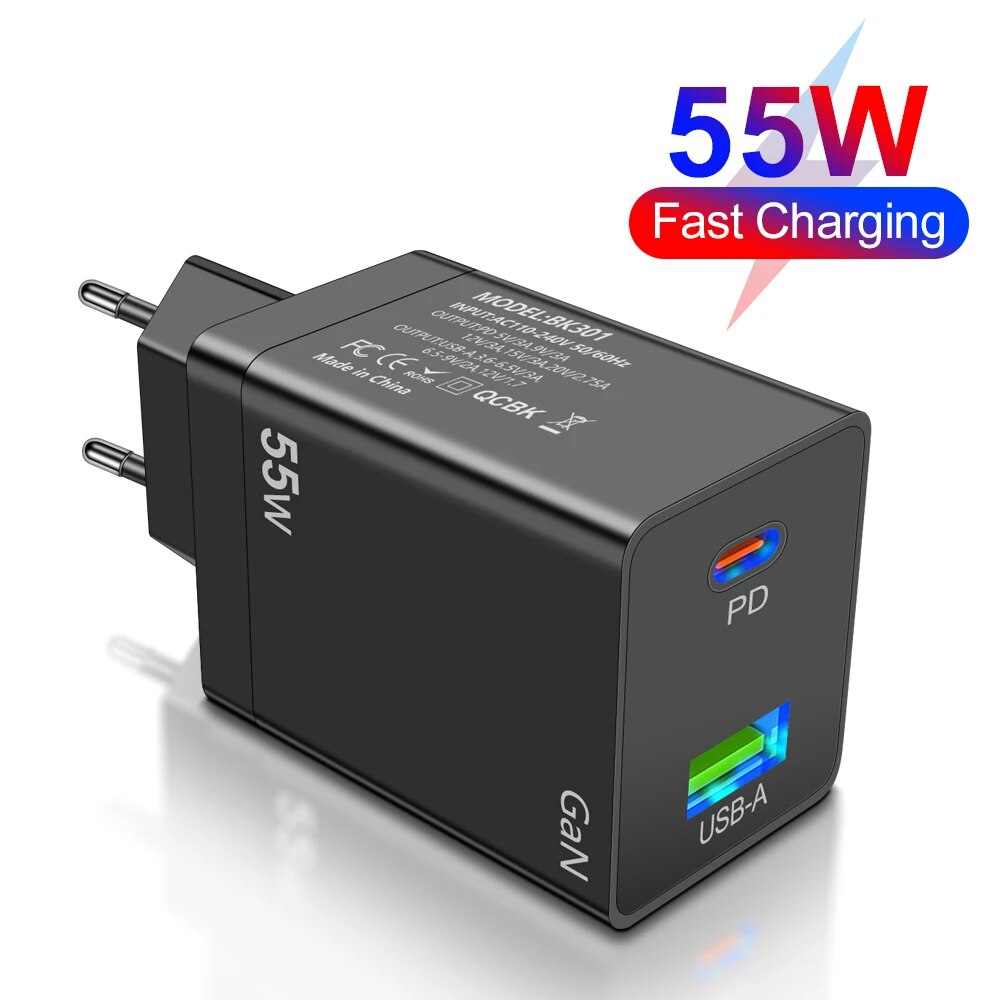 55W USB C PD Korea GaN Charger QC3.0 Fast Charging KR Plug For iPhone 15 14 Pro Max iPad Xiaomi Samsung S23 POCO
