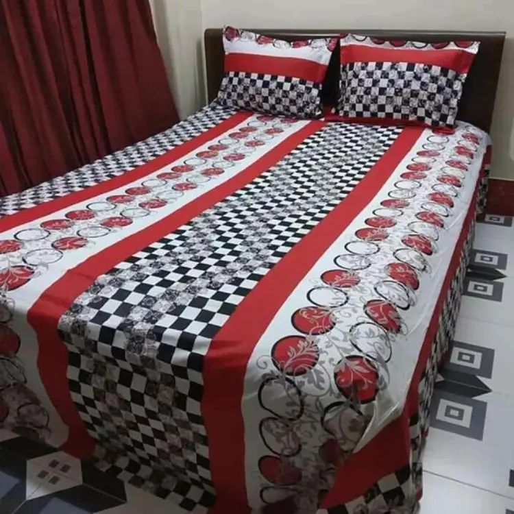 Cotton Fabric Multicolor Print 5 by 6Feet Double King Size Bedsheet Set with Two Pi...