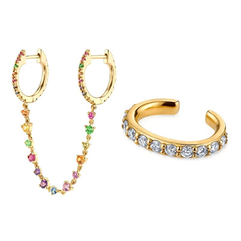 Luxury Gold Filled CZ Dangle Earrings Set For Women Ear Cuffs Colorful
