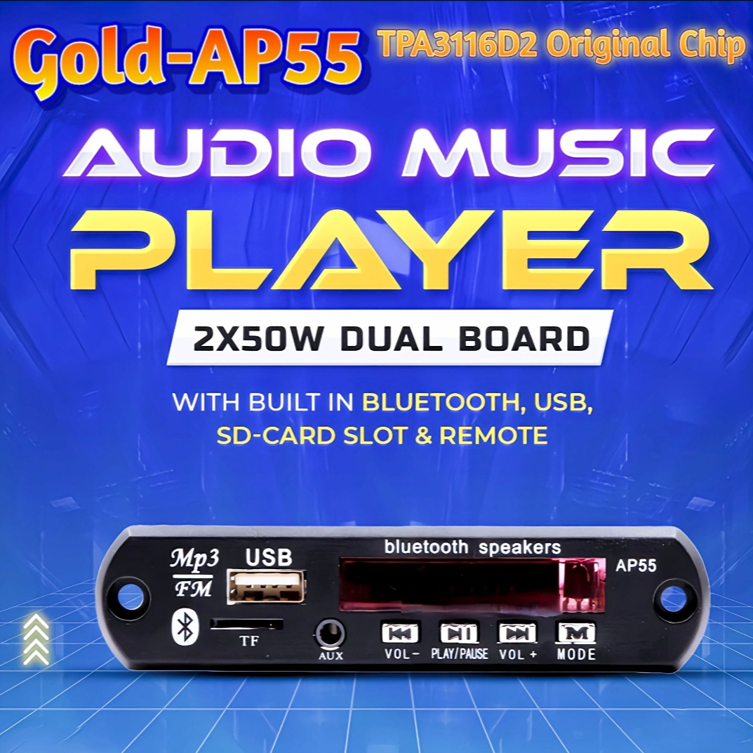 Gold-Ap55 TPA3116D2 Audio Music Player: 2x50w Dual Board With Built In Bluetooth, Usb, Sd-Card Slot & Remote. 
