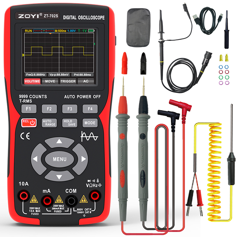 ZOYI ZT-702S 2 in 1 Handheld Digital Automotive Oscilloscope Multimeter, Single Channel 10MHZ Bandwidth,64Kbyte Record Length,48. 