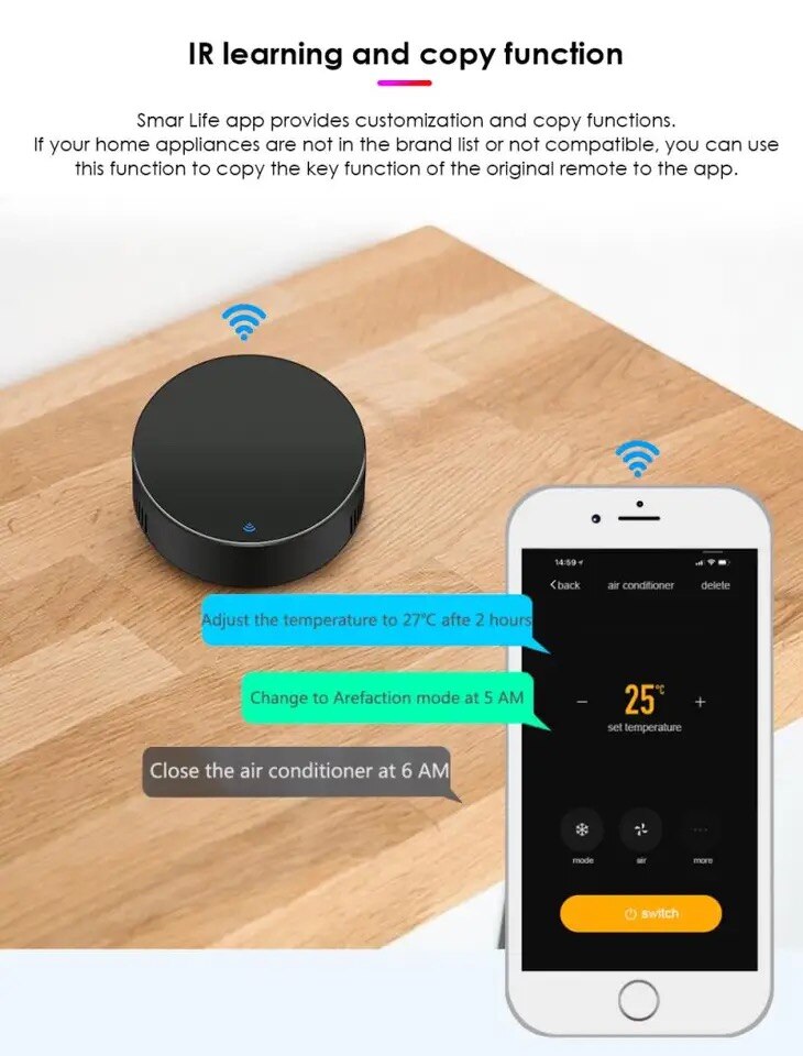 Smart Wifi IR Universal Remote Control with Tuya and Smart Life Home Remote for Air Conditioner TV DVD Alexa Google. 