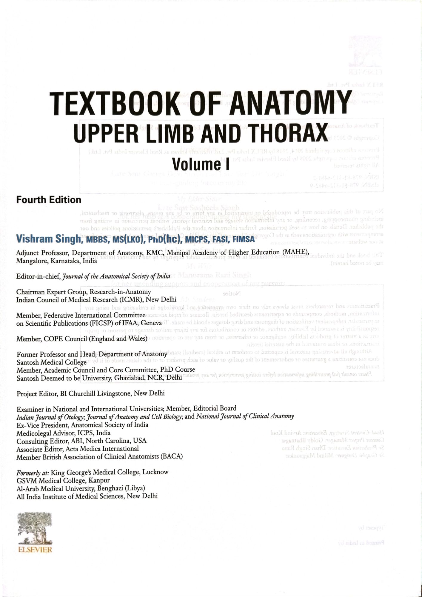 VISHRAM SINGH TEXTBOOK OF ANATOMY - UPPER LIMB AND THORAX ( VOLUME 1 ) FOURTH EDITION. 