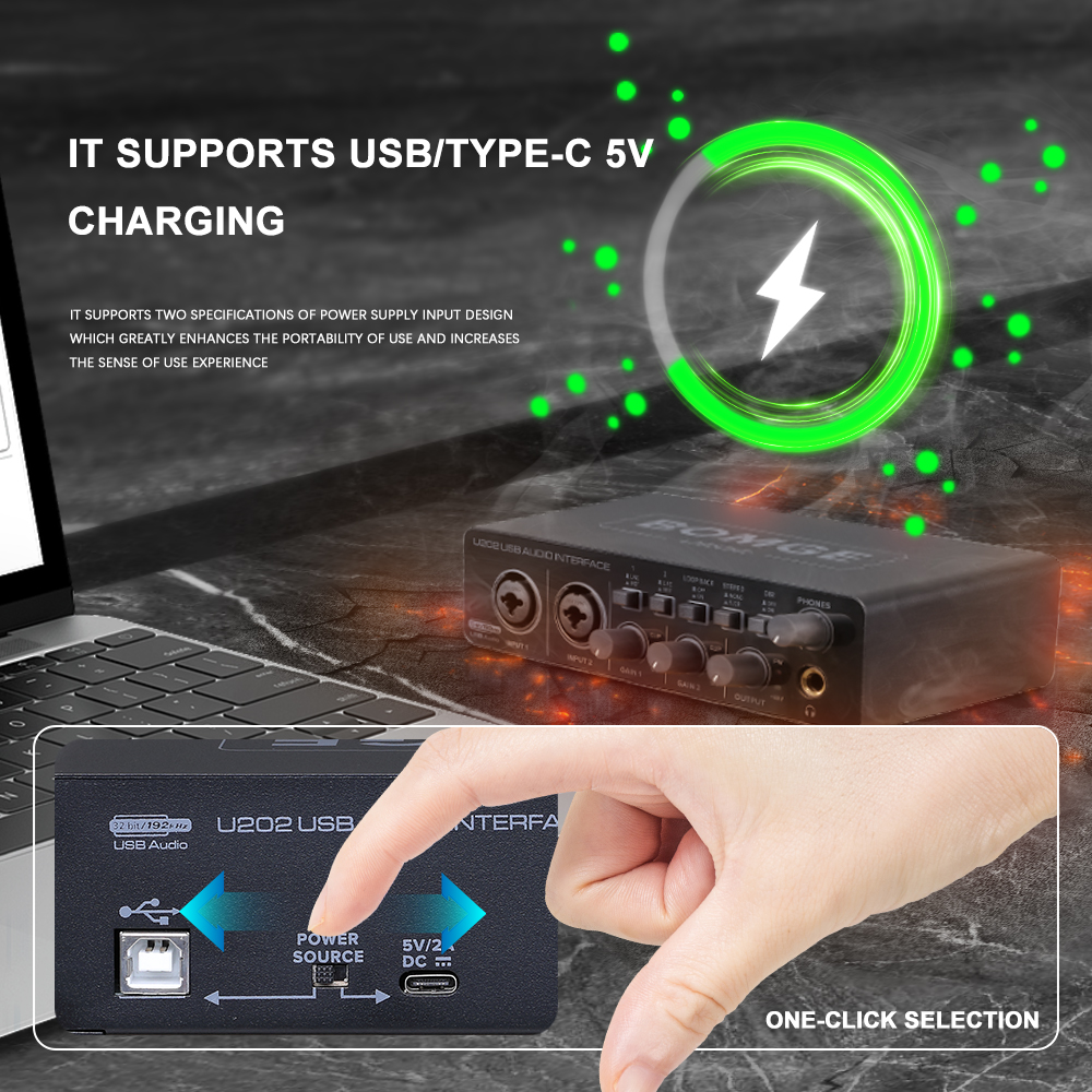 BOMGE U202 USB Audio Interface with Mic Preamplifier XLR/TSR/TS Ports 48V 32-Bit/192kHz Resolution for computer recording Stream. 