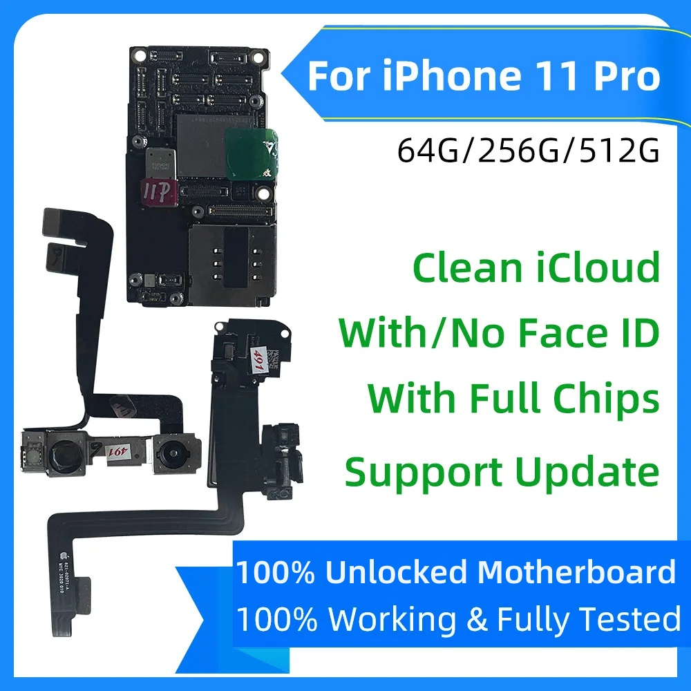 Tested For iPhone 11 pro max Motherboard Logic board Clean iCloud Full chip unlocked mainboard with Face ID support IOS update. 