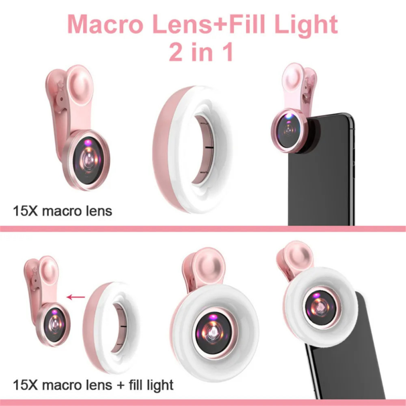 Phone Fill Light 15X Macro Lens Mobile Phone HD Camera Lens with LED Ring Flash Light Smartphone Selfie Live Lamp Fill Light. 