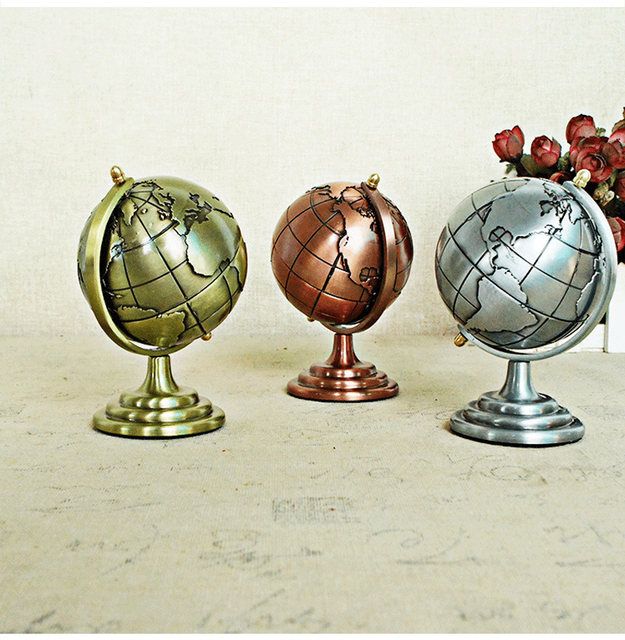 Retro 3D Terrestrial Globe Brass Finish Decorative Showpiece for Home Office Desk and Educational Use. 