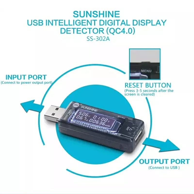 SUNSHINE SS-302A Digital Dispay USB Tester Current Voltage Charger Capacity Doctor Quick Charge Power Bank Meter Voltmeter. 