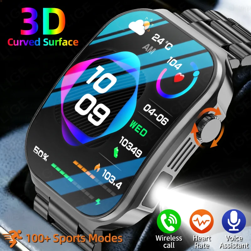 LIGE New 2.2-inch 3D Curved Screen Smart Watch With LED Light Heart Rate Health Monitor Smartwatch BT Call Sport Fitness Watches