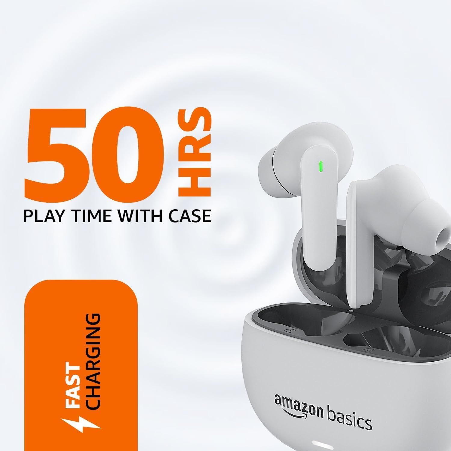 amazon basics True Wireless in-Ear Earbuds with Mic, Low-Latency Gaming Mode, Touch Control, IPX5 Water-Resistance, Bluetooth 5.3, Up to 60 Hours Play Time, Voice Assistance and Fast Charging (White). 