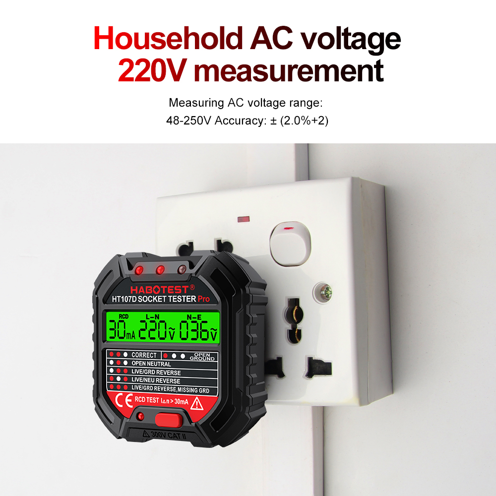 HT106 HT107 Socket Tester Pro Voltage Test Digital Outlet Socket Detect US/UK/EU Plug Ground Zero Line Plug Polarity Phase Check. 