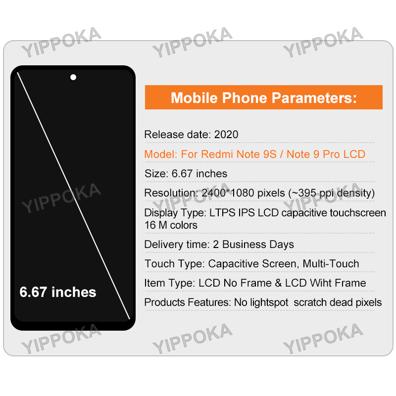 6.67"  For Xiaomi Redmi Note 9S LCD Display Touch Screen Digitizer Assembly For Note 9 Pro LCD Screen Replacement Parts. 