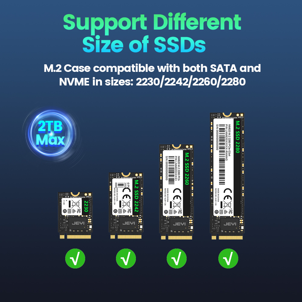 JEYI M.2 SSD Enclosure NVMe SATA Dual Protocols SSD Case USB 3.2 10Gbps PCIe Adapter External Enclosure Supports M and B&M Keys. 