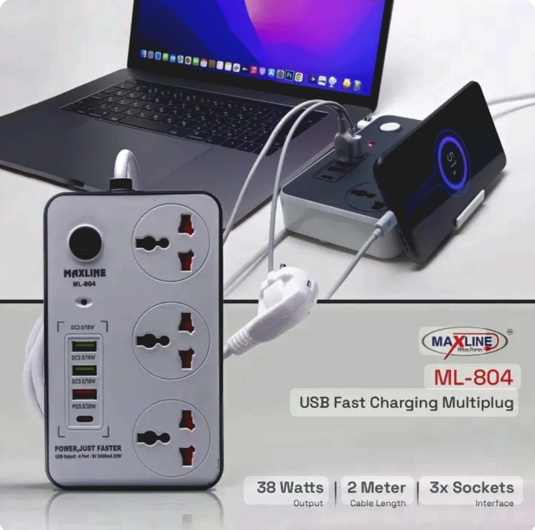 Multiplug ML-804 3 SOCKET 20W USB C PD 3-PORT QC 3.0- 3 Ways Power Socket and 4 USB Port For a Better Performance. 