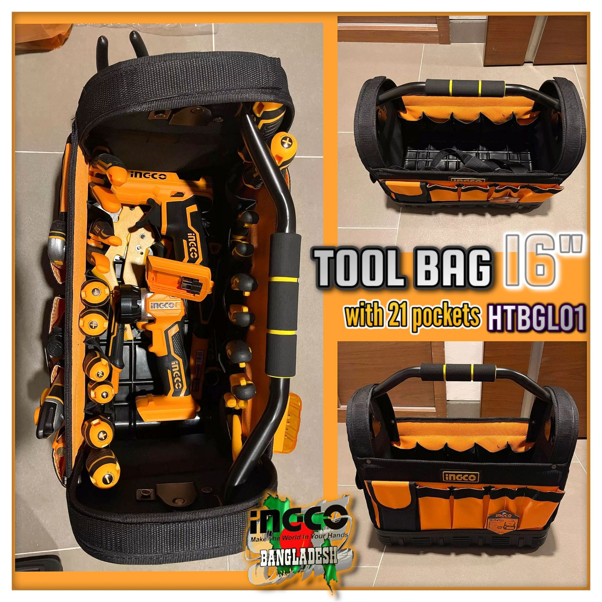 INGCO Tool Bag with 21pcs Pockets for tools and 1pcs Hanger for measuring tape HTBGL01. 