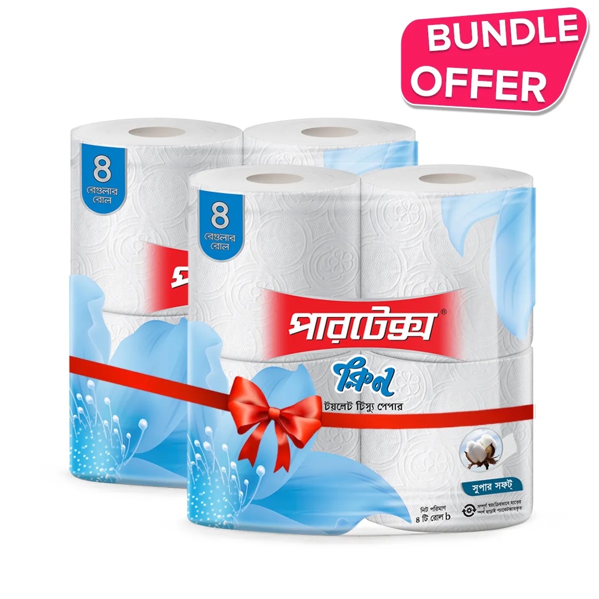 Partex Clean Toilet Tissue Paper for Refreshing Cleanse - 2 Ply Value Pack 8 Pcs Roll - Super Soft - White Paper
