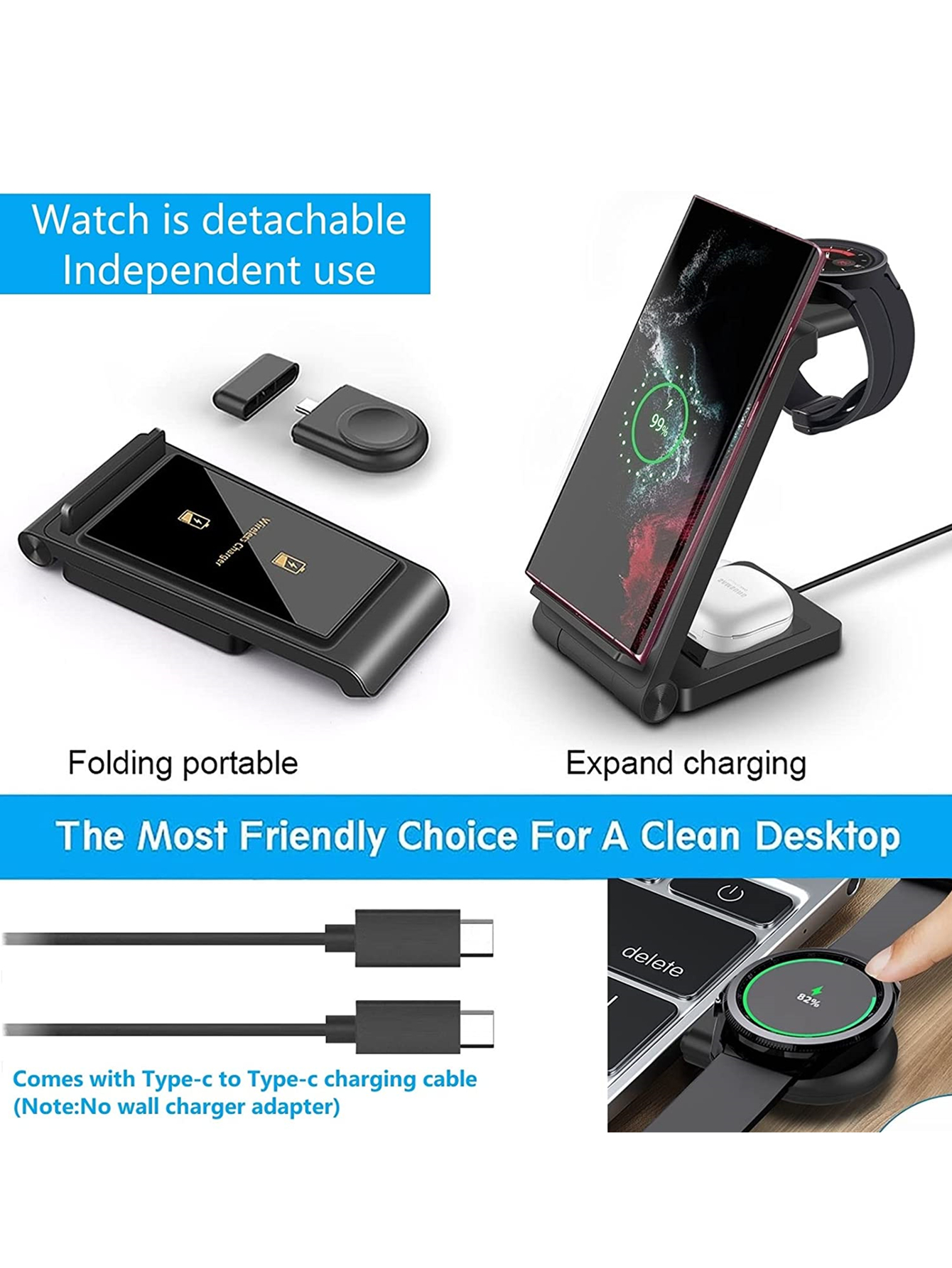3 in 1 Wireless Charger for Samsung S23 Ultra/S22/S21/S20/Note 20/Z Flip 4/Z Fold 4 Fast Charging Station for Galaxy Watch 5 Pro. 