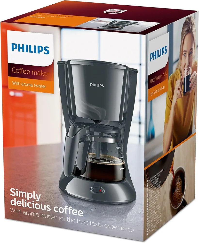 Philips coffee maker HD7432/20 with glass jug makes 2-7 cups in 10 min brewing time, compact design that takes little space in your kitchen, water level indicator. 
