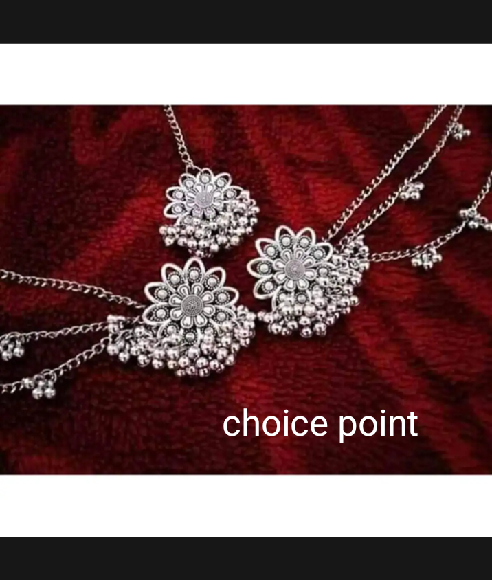 Gorgeous party wear antique silver necklace earrings and tikli set for girls and woman.