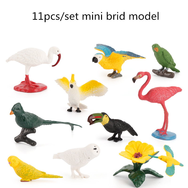 11pcs/set Mini Size Birds Model Parrot Flamingo Solid Simulation Action Figures Ornaments Toys For Children Christmas Gifts. 