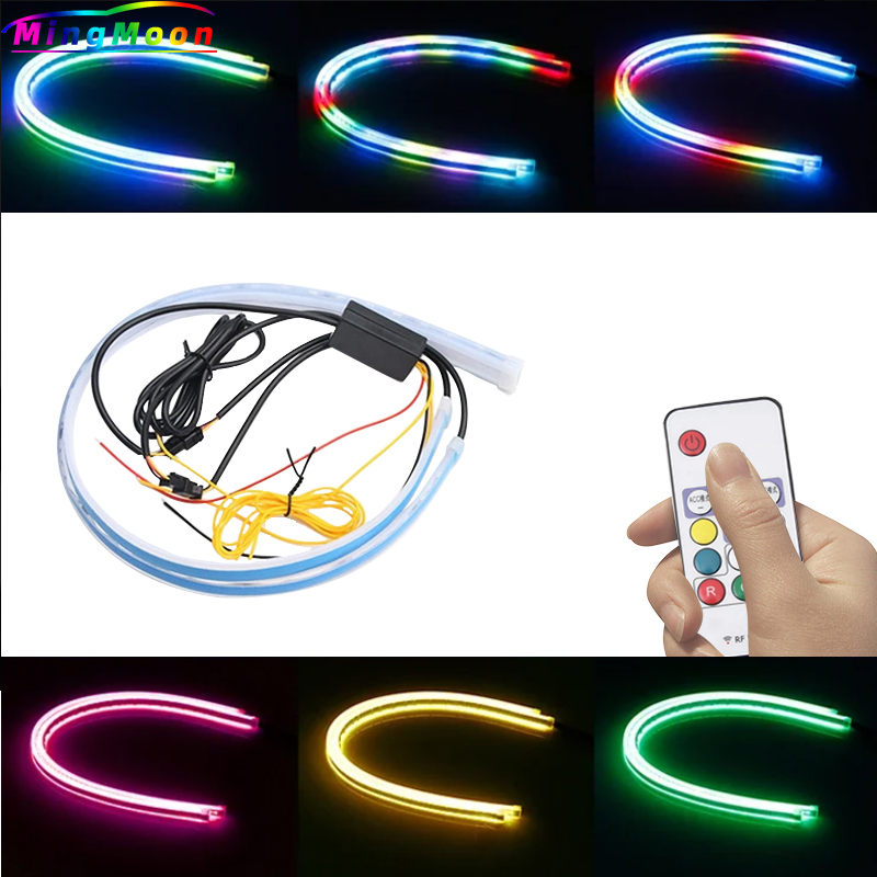 Car Sequential Flowing RGB Daytime Running Light DRL Remote/APP Multi Color LED Strip Turn Signal Lights For Headlight. 