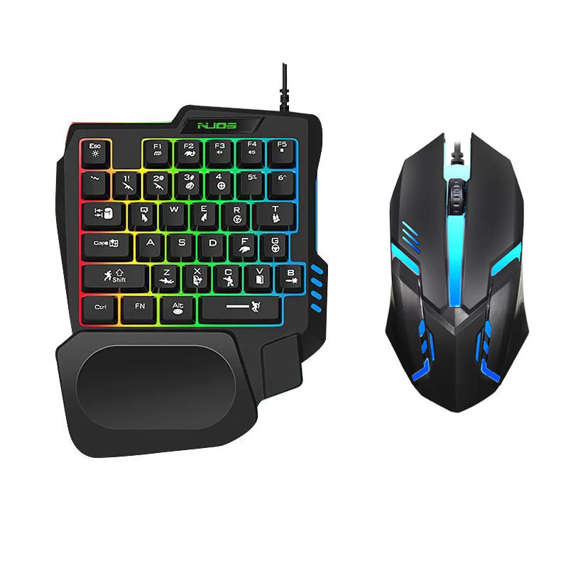 One-Hand RGB Gaming Keyboard & Backlit Mouse – Mechanical Feel, Wrist Rest. 