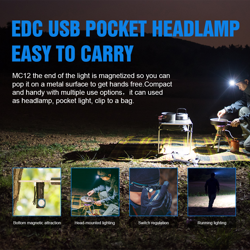 TrustFire MC12 EDC Powerful LED Flashlight 1000Lumens Magnetic Rechargeable Head Lamp XP-L HI Camping Torch Flash Light. 