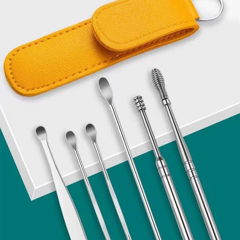Ear Cleaner Set 6 Pieces Stainless Steel ear pick set with leather case. 