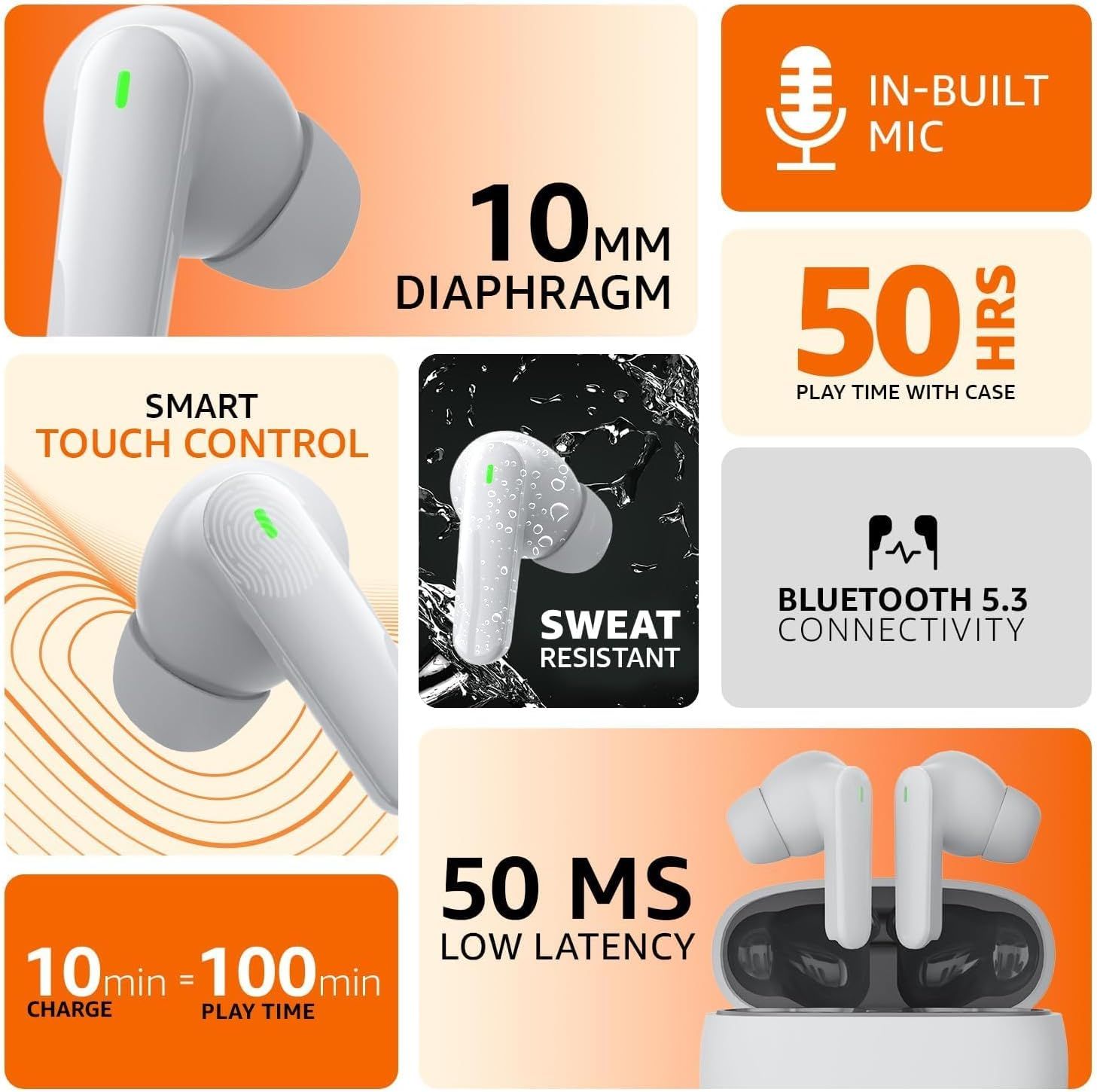 amazon basics True Wireless in-Ear Earbuds with Mic, Low-Latency Gaming Mode, Touch Control, IPX5 Water-Resistance, Bluetooth 5.3, Up to 60 Hours Play Time, Voice Assistance and Fast Charging (White). 