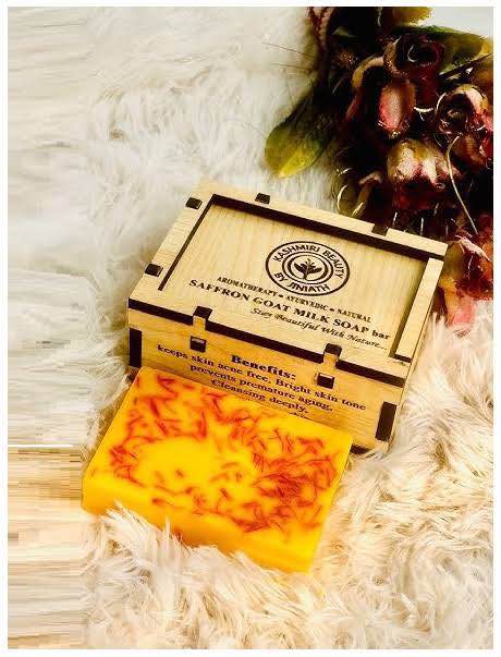 Hand Made Goat Milk Jafran Soap With Wooden Box 100g. 