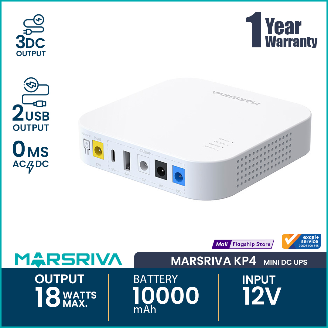MARSRIVA KP4 10000mAh Smart Mini Router DC UPS 18Watt with 3 DC Output, 1 USB & 1 Type C Output