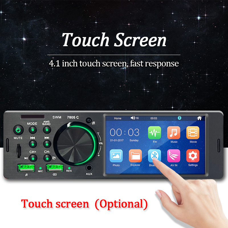 SINOVCLE Car Radio Audio 1 din 4.1” Touch Screen Bluetooth Stereo Mp3/Mp5 Player FM Receiver With Colorful Lights Remote Control. 